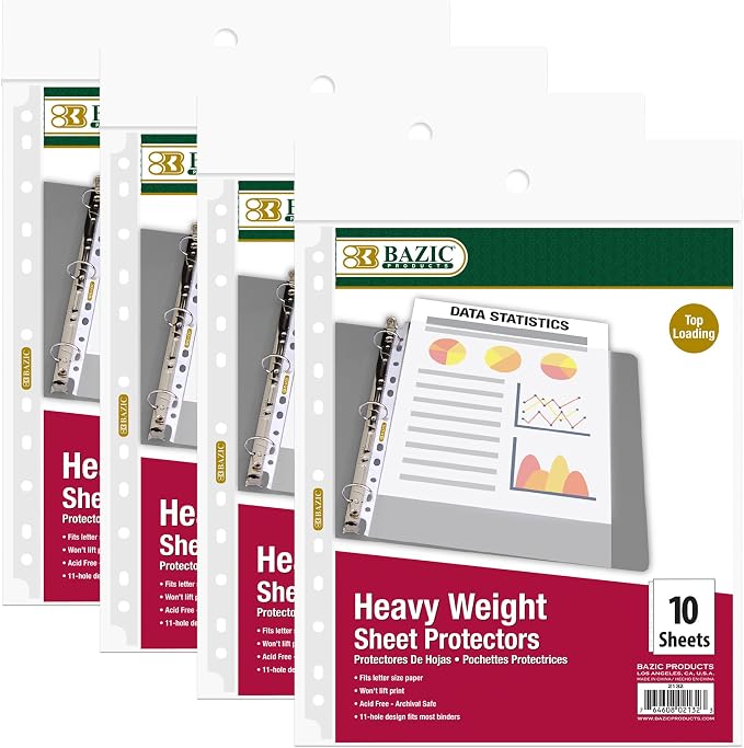 BAZIC Products Heavy Weight Sheet Protectors, Top-Load, Letter, 4-Pack | letter size, heavy weight top-loading sheet protectors, acid-free poly, Fit 3-ring binders, Clear front and back by BAZICProducts