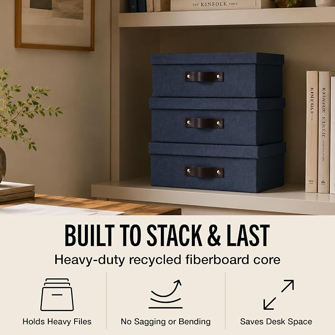 Bigso Oskar Canvas Fiberboard Document Letter Box - File Organizer Box for Important Paperwork - Document Storage with a Lid & Handle - 3.3 in x 10.2 in x 13.8 in - 3 Pack - Blue - Image 3