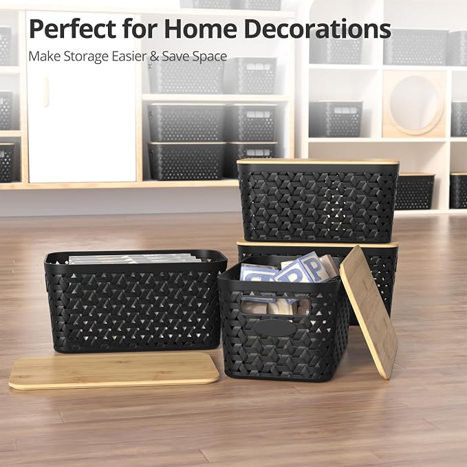 Plastic Storage Bins with Bamboo Lids, Stackable Small Box Baskets for Organizing and Containers for Shelves Drawers Desktop Closet Pantry Classroom Office Home, 4 Pack 12x7.3x6.2 Inch, Black - Image 7