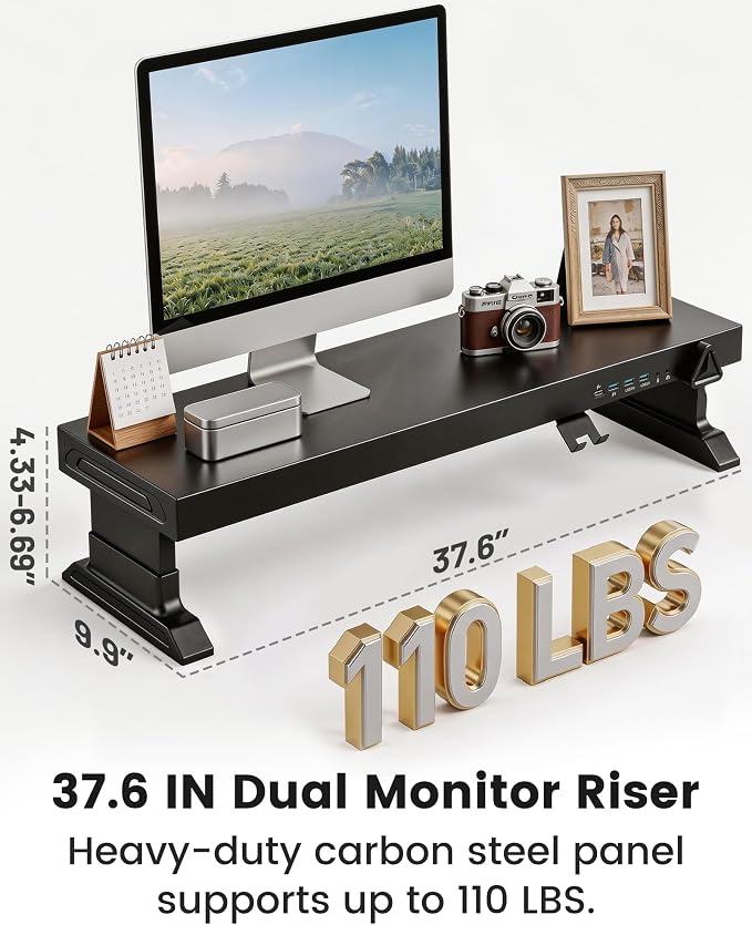 Height Adjustable Dual Monitor Stand Riser with 6-Port USB Hub, Black | Fits Dual 27" Monitors, Charge & Sync Multiple Devices, Ergonomic Height, Solid Steel Material, Cable Management, Quick Setup - Image 6