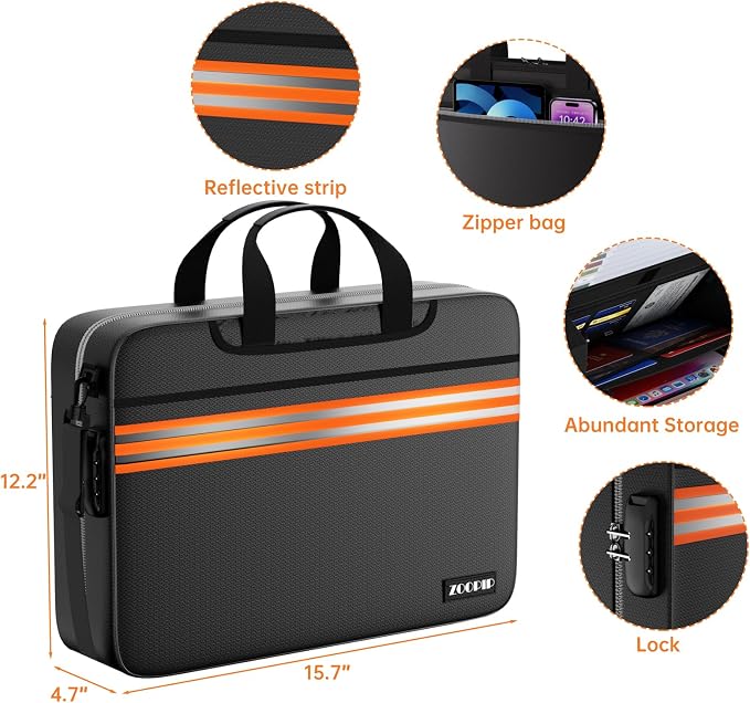 Accordion File Organizer with Lock, Fireproof Document Bag, Black | 13-Pocket Expanding Folder, Portable Safe Storage for Letter/Legal Size Document, Orange Reflective Strip, 16.1"×4.3"×12.6" - Image 3