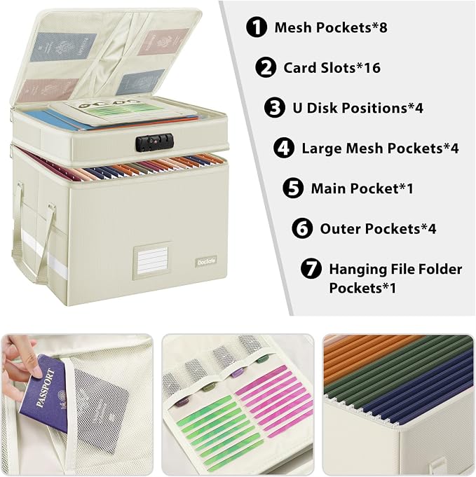 DocSafe File Box with Lock,Multi-Layer Fireproof Document Box Collapsible File Storage Organizer with Pockets/Handle,Large Portable Home Office Filing Box for Hanging Letter/Legal Size Folders,Beige - Image 2