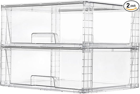 Vtopmart 2 Pack Large Clear Stackable Storage Drawers for Closet, Pantry | Easily Assemble Bathroom Undersink Organizers,Plastic Storage Bins for Cabinet,Kitchen Pantry Organization by Vtopmart