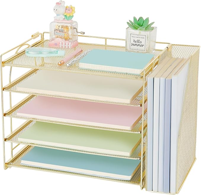 AUPSEN Gold Desk Organizers and Accessories, 5-Tier Desktop Paper File Organizer with Removable File Holder, Desk Accessories & Workspace Organization for Home Office Supplies (Gold) by AUPSEN