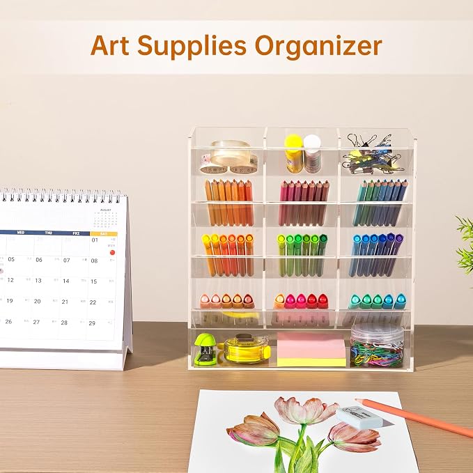 BEYGORM Acrylic Vertical Marker Organizer for 150 Markers, Desk Orgaizer | 13 Compartments Clear Angled Pen & Pencil Holder, Large Stationery & Art Supply Storage for School (10.2 x 9.8 x 4 Inch) - Image 5