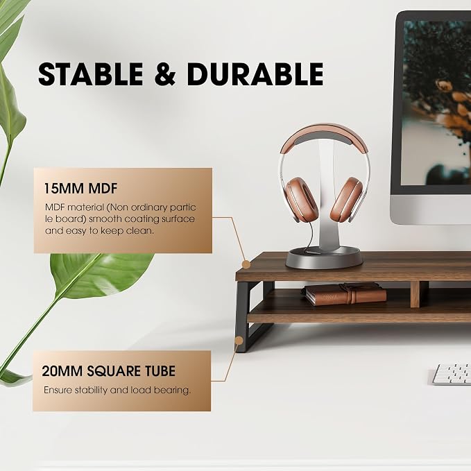 Fenge Dual Monitor Riser for Desk, Open Shelf with 3 Storage Compartments | 42.5in Computer Monitor Stand, 2-Tier Desk Shelf for Top of Desk,One-Piece Panel, fit Ultrawide Monitor, PC, Laptop, Brown - Image 4
