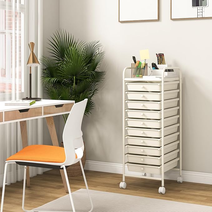 Storage Cart, Rolling Utility Cart with 10 Drawers, Portable Handles & Lockable Wheels, Mobile Paper Toys Storage Organizer Large Capacity for Home Office School Teacher (White) - Image 2
