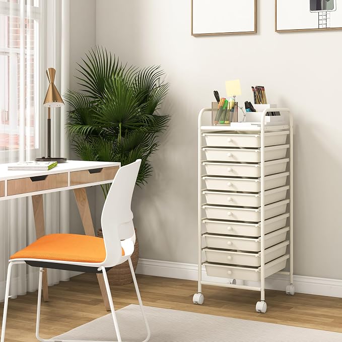 Storage Cart, Rolling Utility Cart with 10 Drawers, Portable Handles & Lockable Wheels, Mobile Paper Toys Storage Organizer Large Capacity for Home Office School Teacher (White) - Image 2
