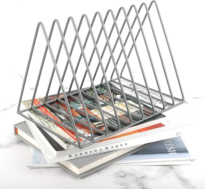 Vinyl Record Holder Storage, 9 Slot Metal Magazine Book Album Display Rack, Stylish Triangle Desktop File Sorter Organizer for Home Office, Grey Pack of 2 - Image 5
