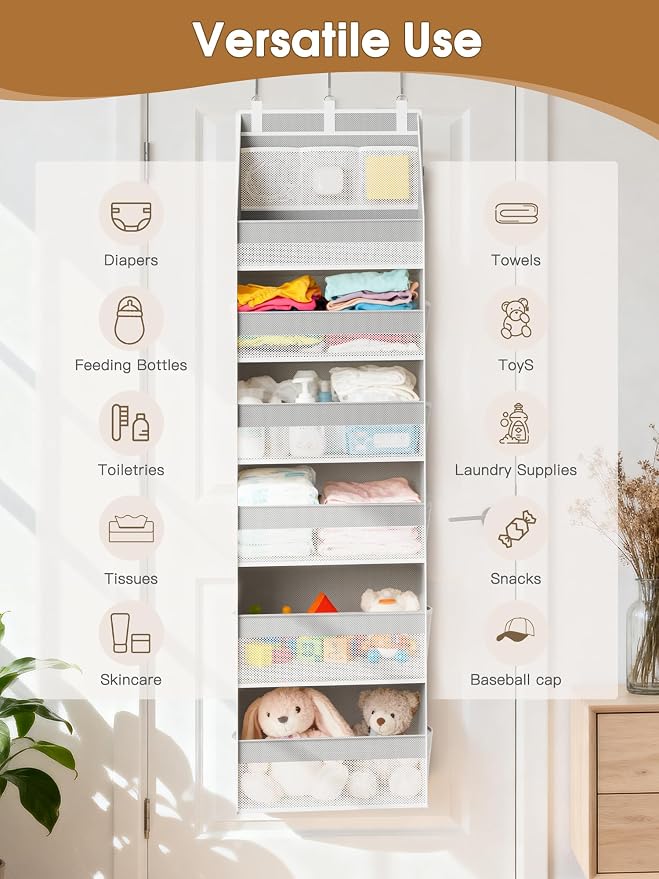 2 Pack Over The Door Organizer, Heavy-Duty 6-Shelf Hanging Storage with 13 Mesh Pockets, 55lbs Capacity Behind The Door Storage for Nursery, Bathroom, Bedroom, and Dorm, Grey - Image 6