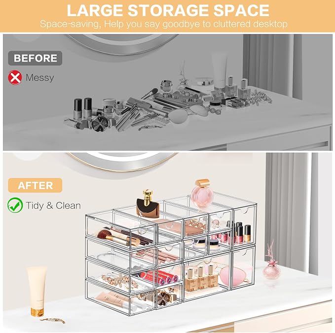 Desk Organizer with 14 Drawers, FODIENS 14 Packs Acrylic Stackable Desktop Storage Drawer Makeup Organizer, Clear Craft Storage Box Cabinets for Office Vanity Countertop Bathroom Bedroom - Image 7