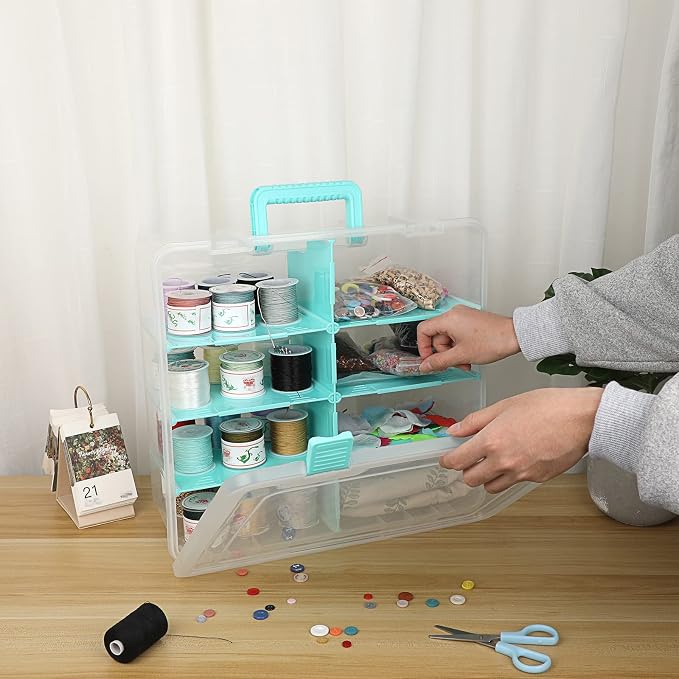 BTSKY Clear Plastic Dividing Storage Box with 8 Deep Compartments Adjustable Storage Bin with Lid Portable Craft Storage Container Multipurpose Sewing Box Art Supply Organizer, 15.1x13.9x6.1 Inches - Image 6