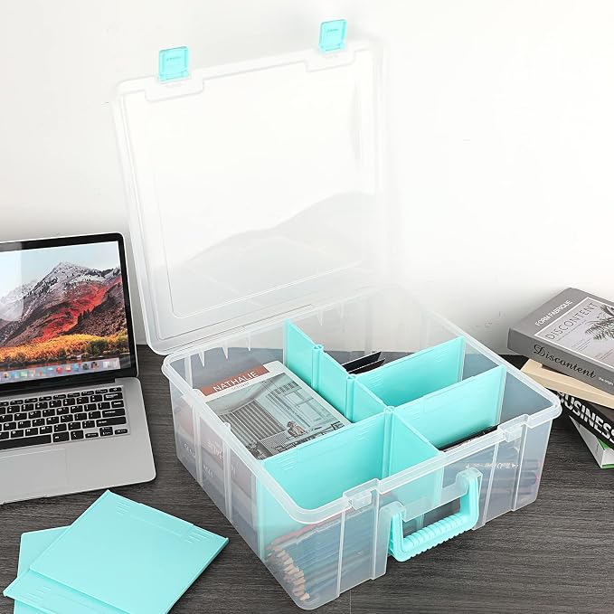 BTSKY Clear Plastic Dividing Storage Box with 8 Deep Compartments Adjustable Storage Bin with Lid Portable Craft Storage Container Multipurpose Sewing Box Art Supply Organizer, 15.1x13.9x6.1 Inches - Image 2