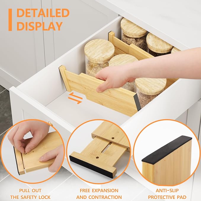 BAMEOS 4" High Bamboo Drawer Dividers - Adjustable Small Drawer Organizer - Kitchen, Dresser, Bathroom, Bedroom & Office - 4-pack - Image 6