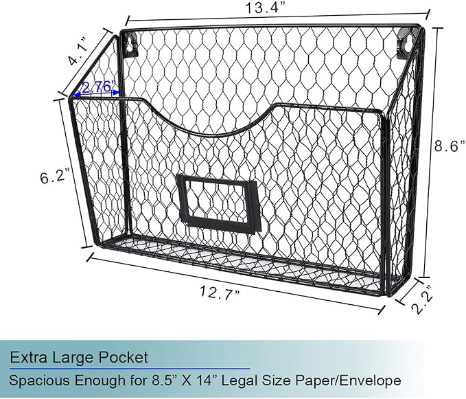 6 Pockets Hanging File Holder Wall Mount Mail Organizer Metal Chicken Wire Magazine Rack with Tag Slot, Black - Image 4