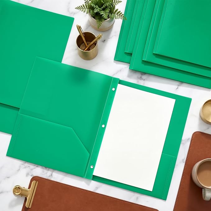 Cholemy 54 Packs Pocket Folders with Prongs Heavy Duty Plastic Folder with Business Card Slot 3 Prong Fasteners for School Office (Green) - Image 4