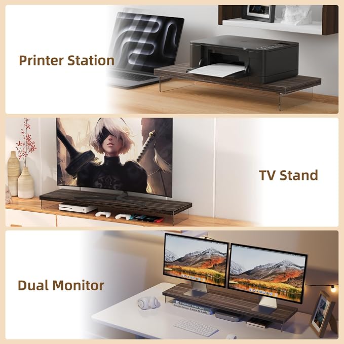 Monitor Stand Riser, 25x10 in Wood & Acrylic Computer Desk Organizer Shelf | Computer Monitor Stand With Wood & Acrylic Design; Works As Laptop Riser, Printer Stand, TV Screen Riser And Desk Organizer. - Image 7