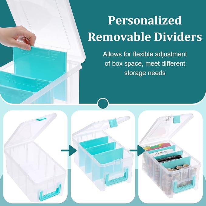 BTSKY Clear Plastic Dividing Storage Box with 4 Deep Compartment Sewing Box | 13.9x7.9x6.2 Inches Adjustable Storage Bin with Lid Portable Craft Storage Container Multipurpose Art Supply Organizer Blue - Image 4