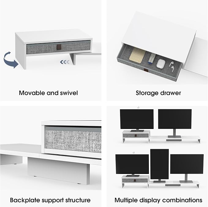 Fenge Triple Monitor Stand with Srorage Drawer, Adjustable Length and Angle | Computer Monitor Riser for 2 or 3 Monitors, Wooden Desktop Laptop Stand, Office Organizer for PC, Screen, Tablet, White - Image 3