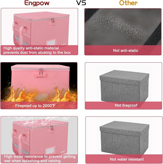 ENGPOW File Box with Lock, Fireproof Document Box with Pockets, Collapsible File Organizer Filing Storage Cabinet with Handle, Portable Home Office Safe for Hanging Letter/Legal Folders, Pink, 2 Pack - Image 6
