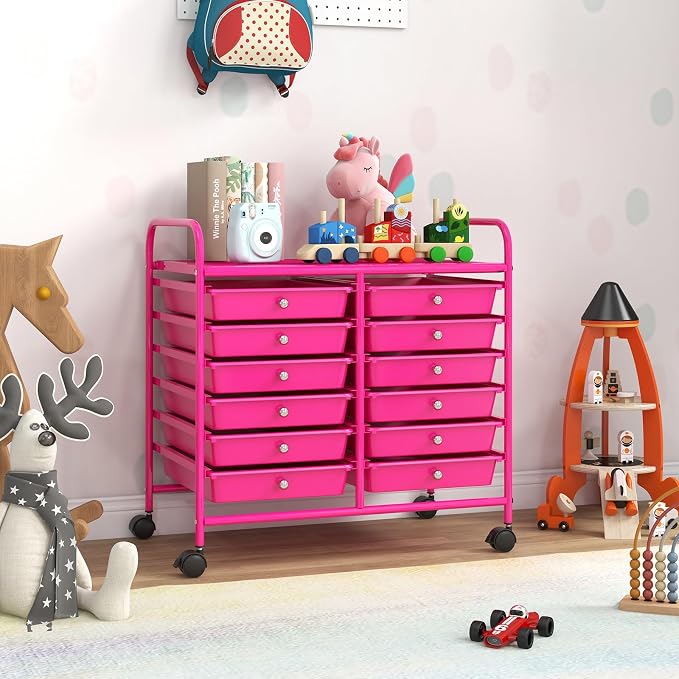 GOFLAME 12-Drawer Rolling Storage Cart, Multifunctional Art Craft Organizer Cart, Mobile Utility Storage Cart with Removable Drawers & Lockable Wheels, Craft Cart for Home Office School, Hot Pink - Image 9