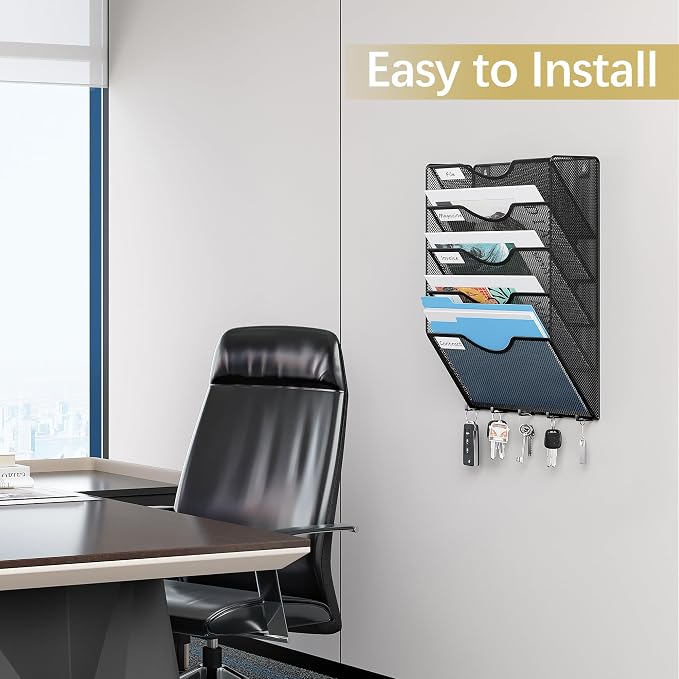 EasyPAG 5 Pocket Mesh Wall File Organizer with Key Hooks, Hanging Paper Folder Holder with Classify Label, Vertical Wall Mount Mail Organizer for Office Home Classroom, Black - Image 5