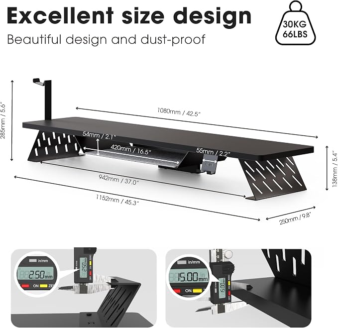 Fenge Dual Monitor Stand, Wooden Desk Shelf with Headphone & Phone Holder | 42.5" Monitor Riser with Storage Shelf, 2-Tier Monitor Shelf with Metal Leg for Home Office Organizer, Black - Image 4