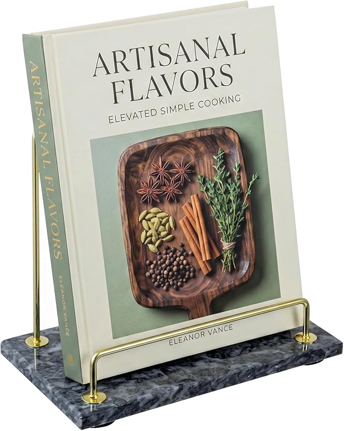 MyGift Black Marble Cookbook Stand, Recipe Holder with Brass Tone Rail | Modern black marble cookbook stand features a brass-tone metal rail to display recipes, books, tablets, and kitchen décor by MyGiftHome