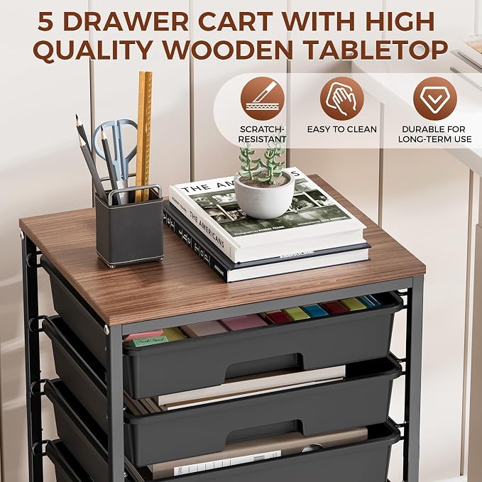 SYKIARIOL 5-Tier Rolling Cart with Drawers with Wooden Top, Black | Mobile Craft Storage Drawer Cart Trolley for Home Office, Classroom, Craft Room & Kid Room - Image 6