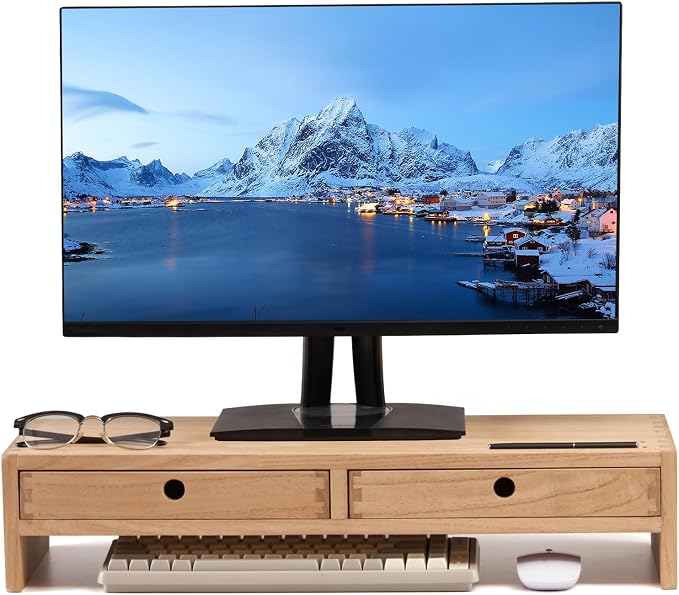 KIRIGEN Solid Wood Monitor Stand with 2 Drawers, Desk Riser, Natural PMJ-NA | Desktop Organizer with Cable Opening and Pen Slots Stores Office Supplies, Supports Up To 50 Lb and Arrives Fully Assembled. by KIRIGEN