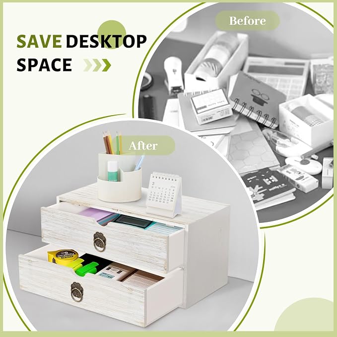 Wood Desk Organizer, White Wooden Desktop Organizer with Drawer, Tabletop Storage Organization Box for Countertop, Home Office Supplies, Bills (2 Drawer) - Image 6