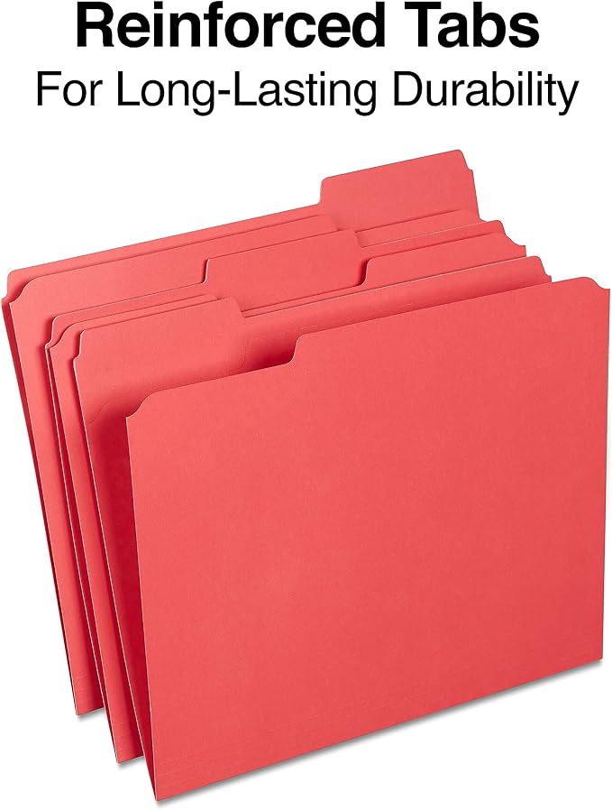 Staples Reinforced File Folders, Letter Size, 1/3‑Cut Tabs, Red, Heavy‑Duty Paper Stock, 200/Carton - Image 3