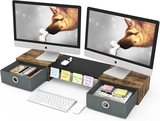 WESTREE Dual Monitor Stand Riser with Two Drawers, Extra Large Storage Monitor Stand for 2 Monitors, Desktop Organizer Stand Storage for Computer,Laptop,Screen,Printer,TV by WESTREE