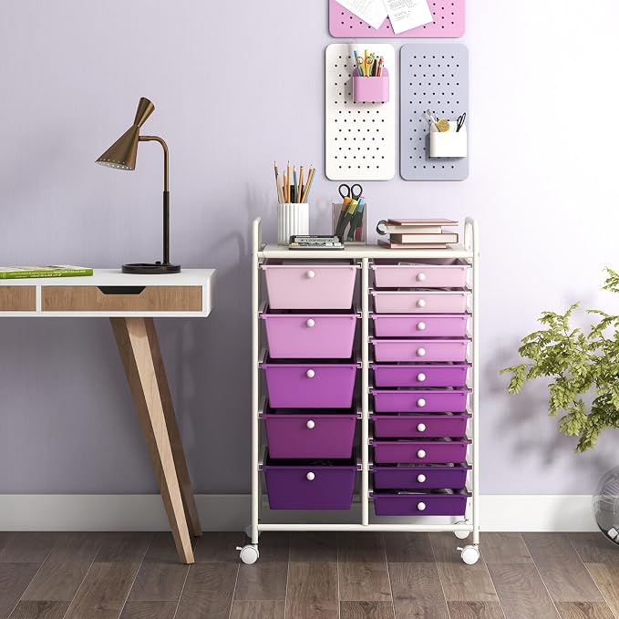 DORTALA 15-Drawer Rolling Storage Cart with Drawers, Rolling Utility Cart w/Removable Drawers & Universal Wheels, Tools Scrapbook Paper Organizer for School, Office, Home, Classroom (Gradient Purple) - Image 2