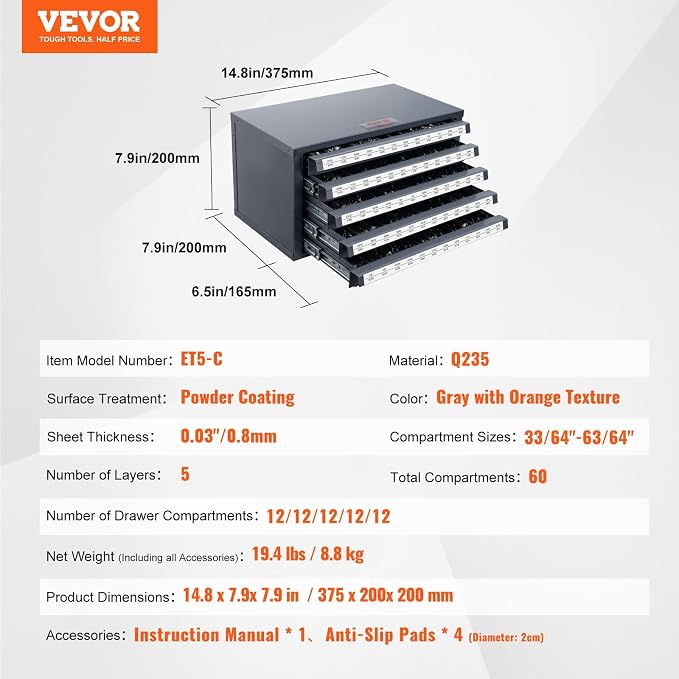 VEVOR Drill Bit Dispenser Cabinet, Five-Drawer Drill Bit Dispenser, 1/2" Reduced Shank Drill Bit Organizer Cabinet, Drill Dispenser Organizer Cabinet for Sizes 33/64" to 63/64" in 1/64" Increments - Image 3