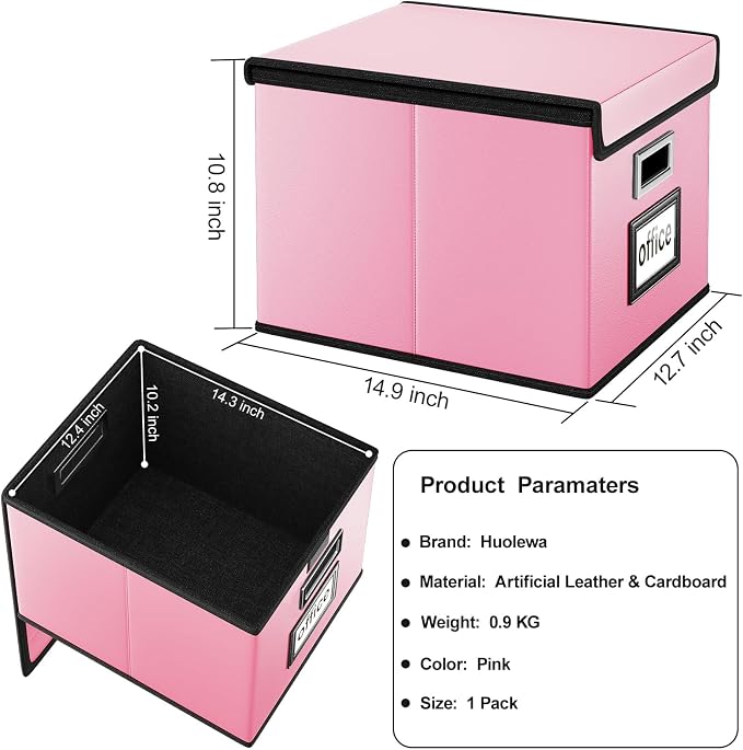 File Organizer Box with Lids, Collapsible File Folder Organizer | File Box with Plastic Slides for Document, Filing Bin for Letter Size Hanging File Folders (4 Pack, Pink, Leather) - Image 5