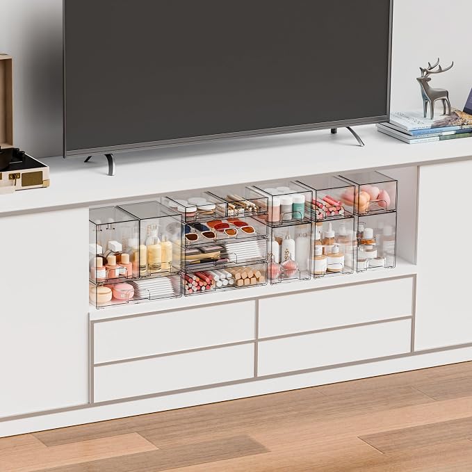 12.2''W Clear Stackable Storage Drawers,4 Pack Acrylic Drawers,Bathroom Organizer Bin and Plastic Makeup Organizer,Clear Stacking Brightroom Storage Boxes for Vanity,Cabinet,Pantry Organization - Image 7