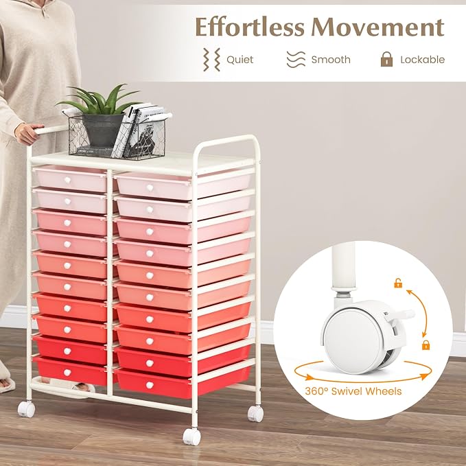 GOFLAME 20-Drawer Rolling Storage Cart, Multifunctional Art Craft Organizer, Mobile Utility Storage with Removable Drawers & Lockable Wheels, Craft Cart for Home Office School, Pink Gradient - Image 5