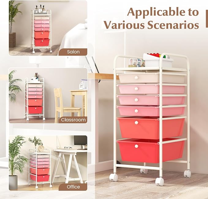 COSTWAY 6-Drawer Rolling Storage Cart, Art Craft Tools Organizer on Wheels | Multifunctional Heavy Duty Utility Mobile Storage Trolley w/ 2 Lockable Wheels for Home Office School (Mixed Pink) - Image 6
