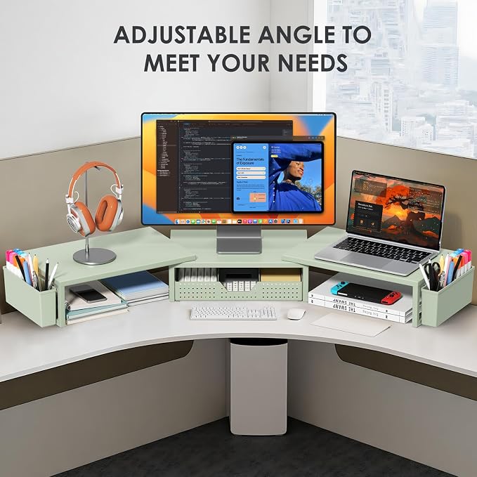 Desk Organizers and Accessories, Dual Monitor Stand Riser with Drawer and 2 Pen Holders, Desk Shelf Computer Monitor Stand for Office Workspace Organizers, Desktop Organization (Sage Green) - Image 5