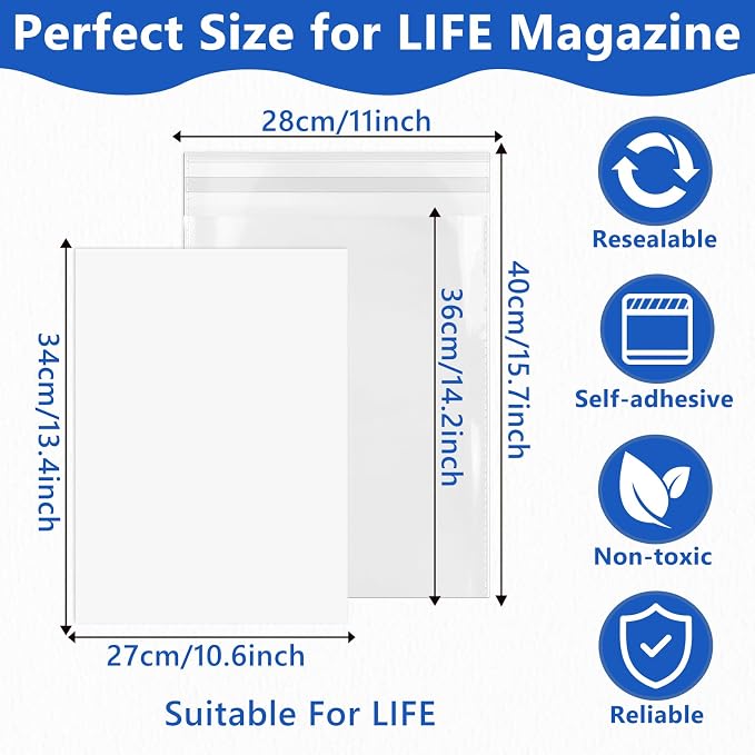 100 Pcs Magazine & Comic Book Protector Sleeves with 100 Backing Boards - Full Archival Set, Acid-Free Plastic Sleeves & Hard Boards for Collectors (28x36cm) - Image 2
