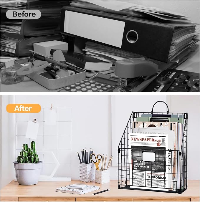DILIBRA 4 Packs Hanging Wall File Organizer, Foldable Magazine File Holder | Wall Magazine Holder with Handle and Tag Slot, Metal Wall Mounted Mail Organizer Rack Folder Holder for Document Office Door - Image 4