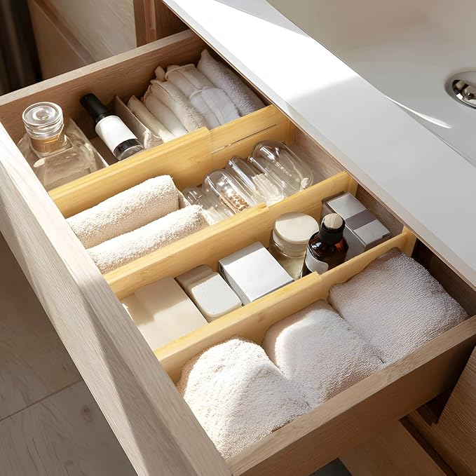 VaeFae 6 Pack Bamboo Drawer Dividers, 4" High Adjustable 11.9-17.1" Clothes Drawer Organizers, Expandable Separators for Bedroom/Bathroom/Kitchen/Office Storage - Image 5