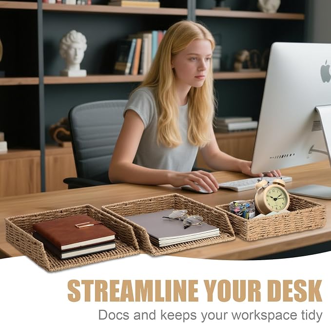 3 Pack Paper Rope Woven Stackable Desk Organizer Letter Tray, Primary Color Tabletop Desk Basket for Storage Paper Letter Folders Notebooks Copy Print, Workspace Holder - Image 5