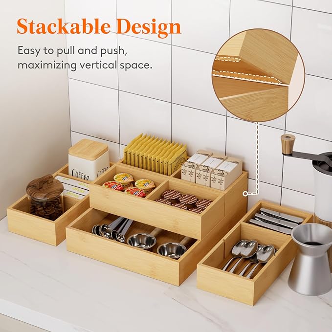 Lifewit Drawer Organizers 10 Pack(22 Grid) with 12 Inserts | Adjustable Bamboo Wooden Trays for Utensils, Silverware, Makeup, Kitchen, Bathroom, Office, Vanity Storage - Image 3