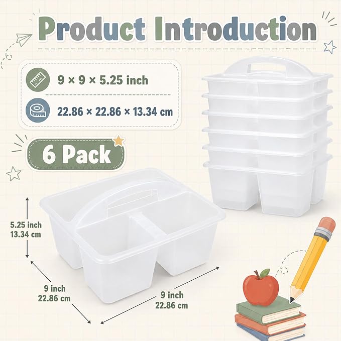 6 Pack 3 Compartment Small Caddy Plastic Classroom Organizer with Handle Portable Teacher Supply Storage Caddy Craft Art Caddies for Pencil, Crayon, Marker, Home, Office, School Supplies(Clear) - Image 2