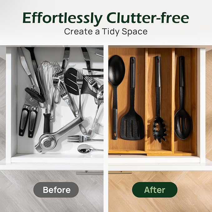 Carbonized Bamboo Kitchen Drawer Organizer, 5 Slots Expandable Silverware Organizer, Utensil Holder & Cutlery Tray, 2.2" Deep for Extra Capacity, Non-Slip Feet Included. - Image 7