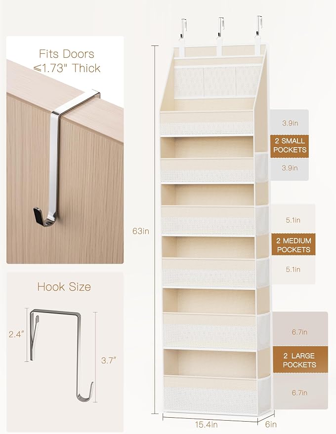 Over the Door Organizer, 6-Shelf Closet Hanging Storage with 13 Mesh Pockets, 55lbs Capacity Behind the Door Storage for Baby Nursery, Bathroom, Bedroom, and Dorm, Beige - Image 2
