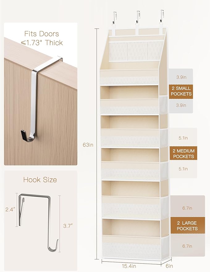 2 Pack Over the Door Organizer, 6-Shelf Closet Hanging Storage with 13 Mesh Pockets, 55lbs Capacity Behind the Door Storage for Baby Nursery, Bathroom, Bedroom, and Dorm, Beige - Image 2