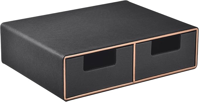 Linen Leather Desk Organizer and monitor stand with Drawers－Mini Desktop Drawer Organizer Stackable－Tabletop Organization Storage Box for Office Supplies Home Vanity Toiletries (Black, 2-drawers) by RHCSZ